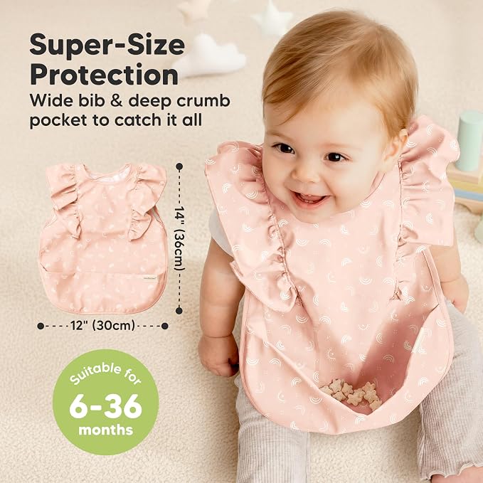 KeaBabies Waterproof Bibs for Baby Girl,Boy – 2-Pack Lightweight, Large Baby Bibs for Eating, Wearable Food Catcher, 6-12 Months Infant Feeding Essentials, Smock for Toddlers 1-3, Kids (Jolly Rainbow)