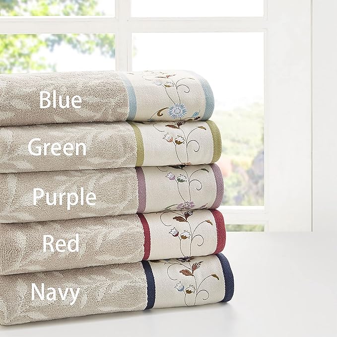 Madison Park Serene 100% Cotton Bath Towel Set Luxurious Floral Decorative Towels for Bathroom Embroidered Cotton Jacquard Design Soft Highly Absorbent for Shower 600 GSM, Multi-Sizes, Purple 6 Piece