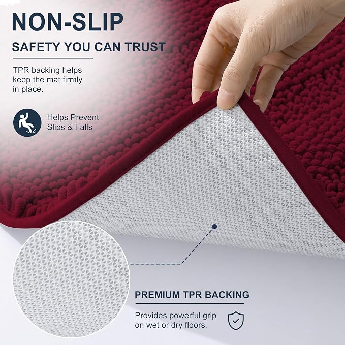 Smiry Thick Chenille Bathroom Runner Rugs 59x24, Absorbent Striped Bath Mat, Machine Washable, Rubber Backing, Extra Long Bath Rugs for Tub & Shower, Modern Home Decor Accessories, Burgundy