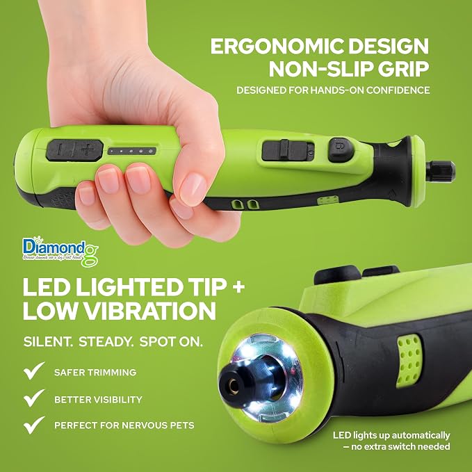 Diamondg Cordless Dog Nail Grinder with Quiet Sound & LED Tip for Large & Small Dogs, 4hrs. Runtime, 2 Bits Included, Green