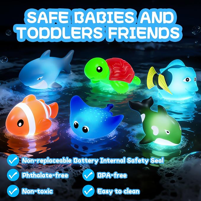 Light Up Bath Toys,No Hole Mold Free Baby Bath Toys,Ocean Animal Water-Activated Lights Flashes and Change Color,Sensory Lights Toys for Babies and Toddlers,Bathtub,Shower,Water Table, Pool