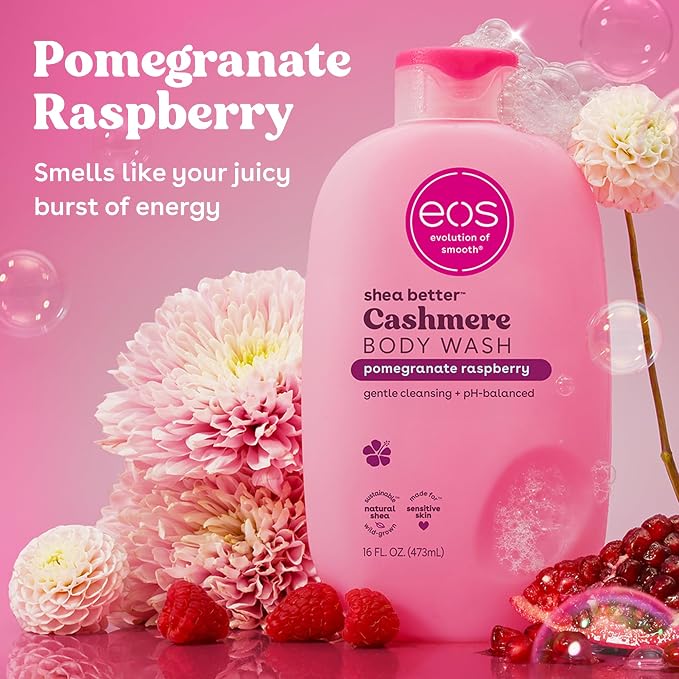 eos Cashmere Body Wash – Pomegranate Raspberry, Moisturizing Body Wash, Creamy Gel Formula, with Shea Butter, Glycerin, Vitamin E, pH Balanced, Sensitive Skin, Vegan, 16 fl oz
