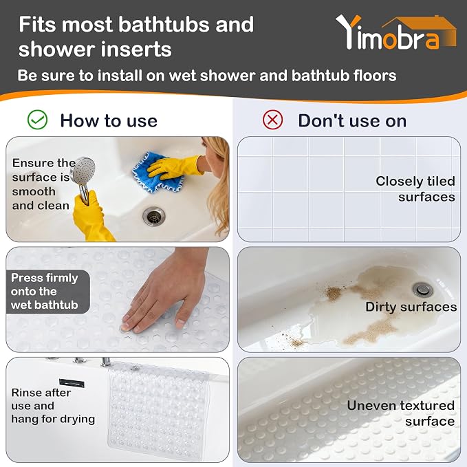 Yimobra Bathtub Mat Non Slip, 27.5"X15.5" Machine Washable Shower Floor Mat, Soft on Feet, Bath Mat with Drain Holes and Suction Cups, Bathroom Essentials, Clear