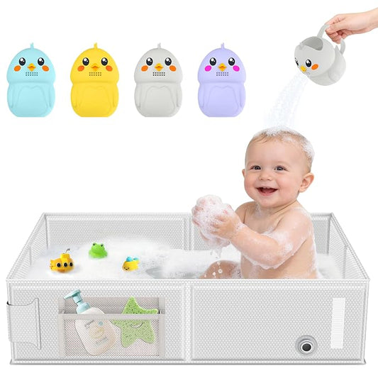 Collapsible Baby Bathtub, Foldable Toddler Bath Tub with Chick Pattern Bath Rinse Cup, No Assembly Portable Travel Bathtub for 6M-5Y, Ideal for Shower, Travel Essentials & Baby Registry Gift