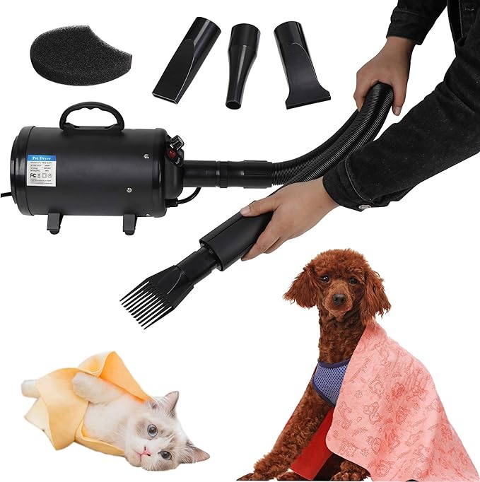 ZENY Dog Dryer, Pet Grooming Blower with Heater for Cat/Dog, 2400W Speed-Adjustable Pet Hair Dryer, with 4 Different Nozzles + 2 Filter, Black
