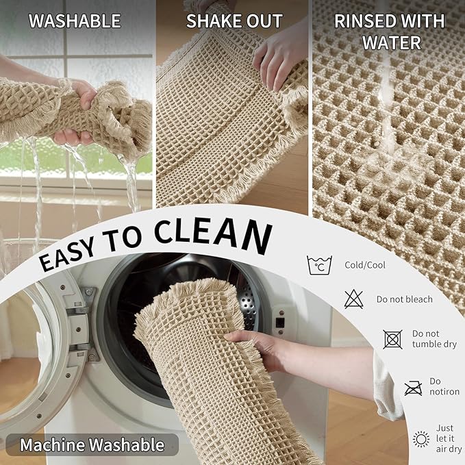 Waffle Bath Mat - Super Water Absorbing Bath Mat Quick Dry, Bathroom Rugs Non Slip Washable with Tassels, Rubber Backed Bathroom Mat for Bathroom Floor, Tub and Shower, 17" x 24", Brown