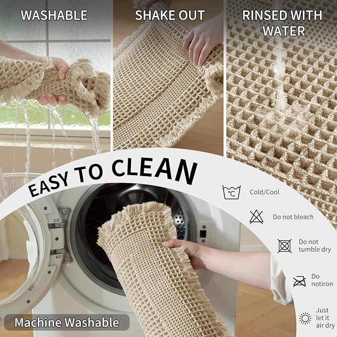 Waffle Bath Mat - Super Water Absorbing Bath Mat Quick Dry, Bathroom Rugs Non Slip Washable with Tassels, Rubber Backed Bathroom Mat for Bathroom Floor, Tub and Shower, 20" x 32", Brown