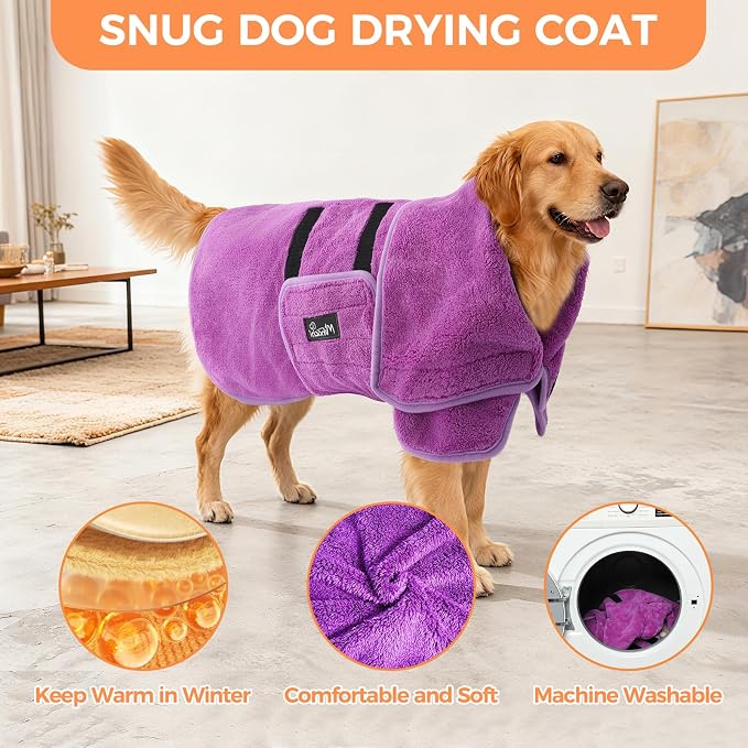 Mihachi Dog Bathrobe Towel Wrap Fast Drying with Drying Gloves Set, Super Absorbent Coral Fleece Dog Drying Coat Bath Robe for Puppy, Medium & Large Dogs, Adjustable Collar & Belly Strap, Purple L