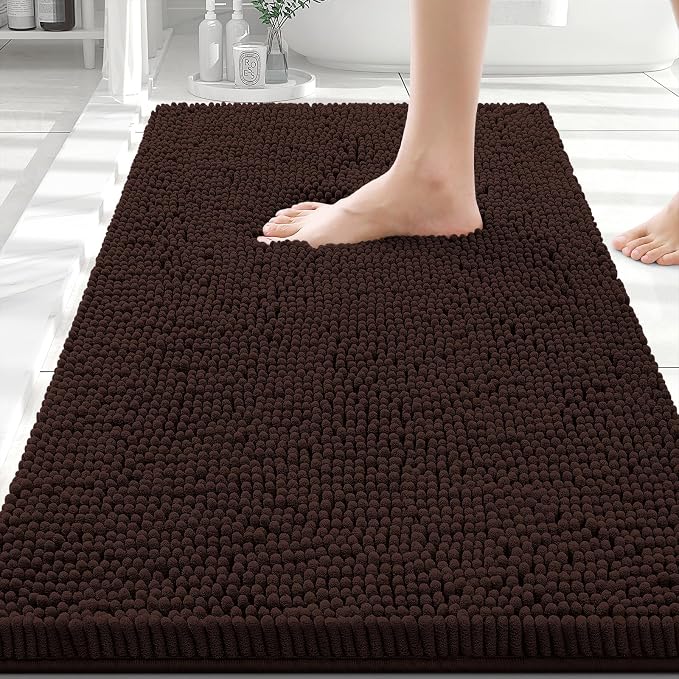 Smiry Luxury Chenille Bathroom Rugs 30x20, Extra Soft and Absorbent Shaggy Bath Mat, Machine Washable, Non-Slip Plush Carpet Runner for Tub, Shower, and Floor, Home Decor Accessories, Brown