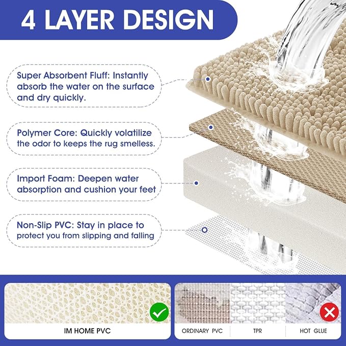 ACCUMTEK Striped Beige Toilet Bathroom Rug Mat Set 2 piece Rug Ultra Soft, Non Slip Chenille Bath Rugs, Absorbent Plush Shaggy Bath Mats for Bathroom, Bedroom, Kitchen, Shower, Tub