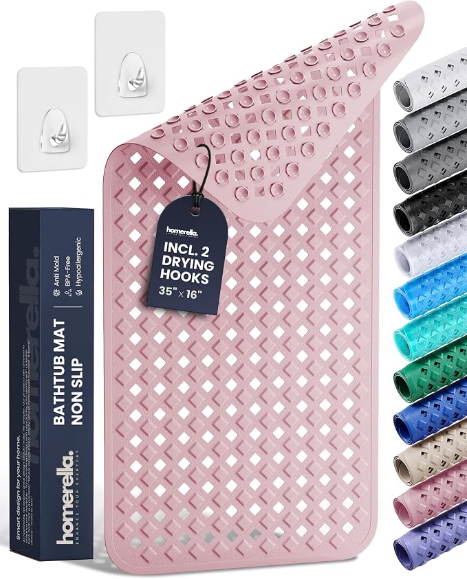 Bathtub Mat Non Slip 35x16 - homerella® Bath Mat Incl. Hooks for Drying, Extra Long, 100% BPA Free, Shower Mat Non Slip Anti Mold, Machine Washable, Shower Mats for Inside Shower Mildew Resistant