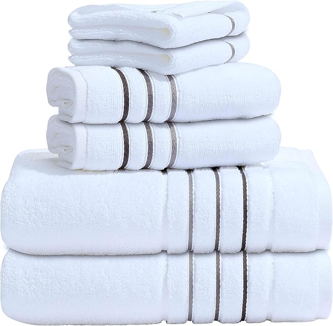 Bath Towels Set for Bathroom – Luxury 6-Piece Cotton Towels, Soft Absorbent & Quick Dry, 600 GSM Bath Towels for Bathroom, Hotel Spa Quality (2 Bath, 2 Hand, 2 Washcloths, White Grey Charcoal Stripe)