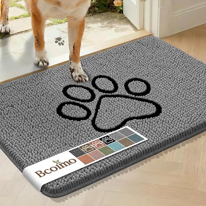 Bcoimo 30×20 Absorbent Chenille Dog Doormat – Non-Slip Quick Dry Entryway Rug Ideal for Homes with Dogs, Machine Washable Dirt Trapper for Muddy Paws (Grey 30×20 Inches)