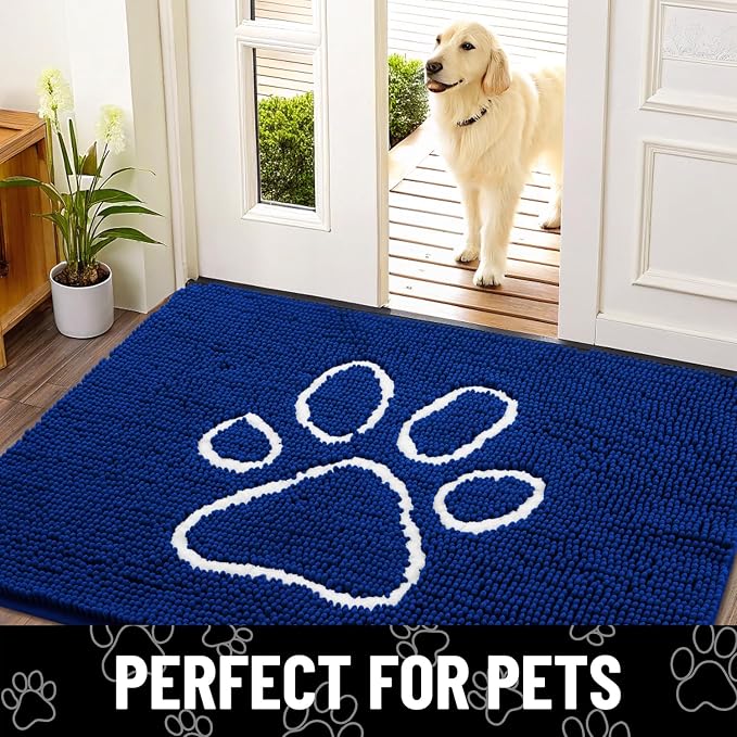 Smiry Dog Door Mat for Muddy Paws, Absorbent Dirt Trapper Non Slip Quick Dry Washable Chenille Mat for Mud Dogs, Entry Rug for Indoor and Outdoor (30x20 Inches, Royal Blue and White)