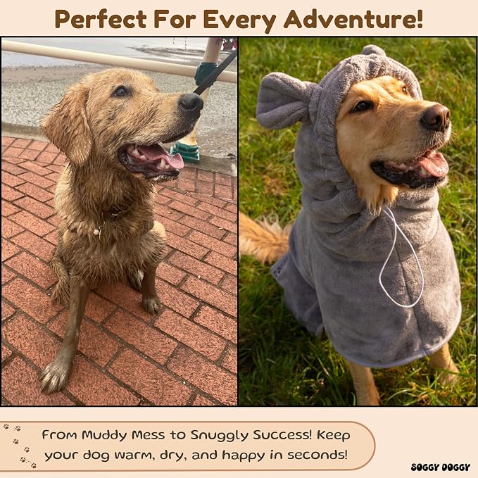 SOGGYDOGGY® US: Luxury Dog Bathrobe, Super Absorbent Microfiber Dog Bath Supplies, Fast Dry in Minutes, Thick & Soft Robe - Pet Grooming, Wash & Pet Hair Dryer - All-Season Dressing Gown (L)