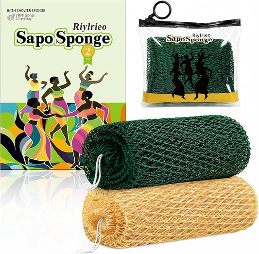 African Net Sponge for Shower, 2PCS Exfoliating Shower Sponge with Waterproof Travel Bag, Quick-Drying African Wash Cloth for Deep Cleansing & Smooth Skin (Forest Green & Gold)