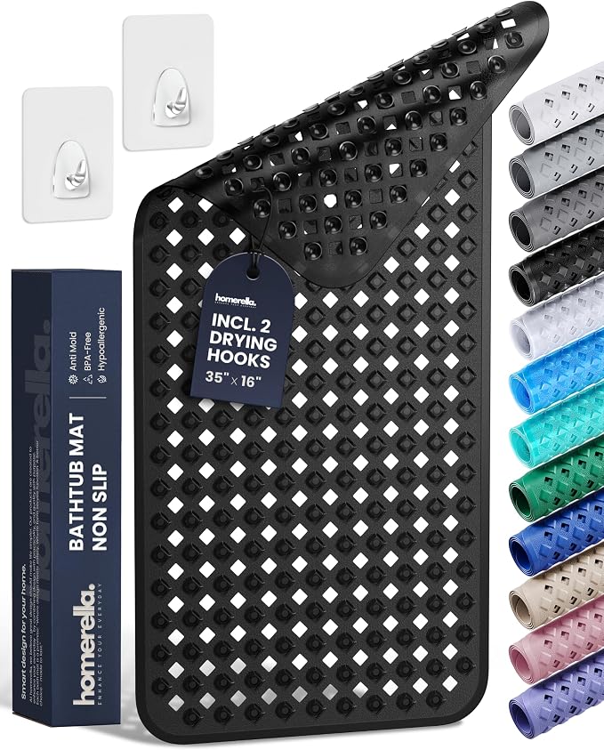 Bathtub Mat Non Slip 35x16 - homerella® Bath Mat Incl. Hooks for Drying, Extra Long, 100% BPA Free, Shower Mat Non Slip Anti Mold, Machine Washable, Shower Mats for Inside Shower Mildew Resistant