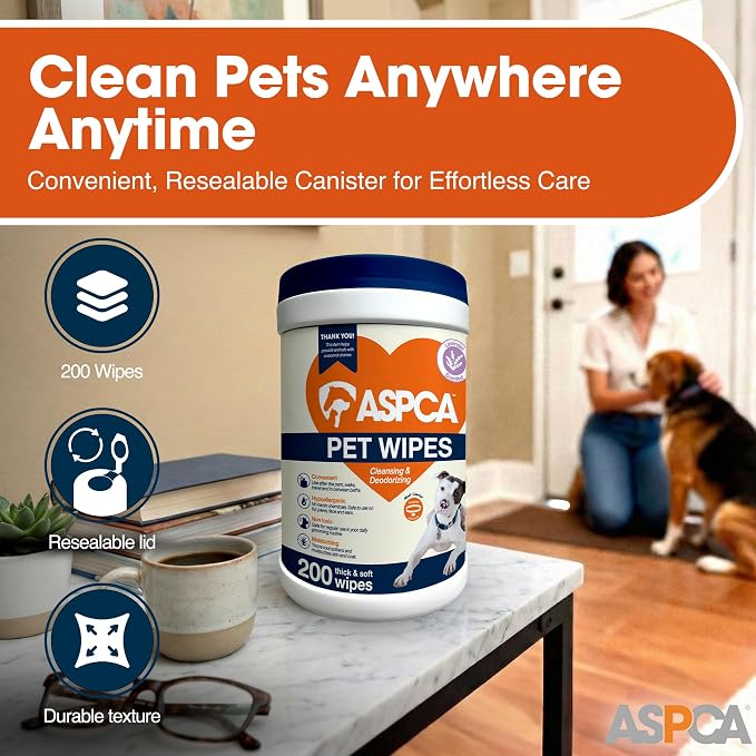 ASPCA-Pet Cleansing Wipes Canister | Resealable Pet Wipes for Paws, Face, Ears & Coat | No-Rinse Grooming Solution | Gentle Daily Cleaning for Pets | Thick, Soft & Chemical-Free | Lavender | 200 Count