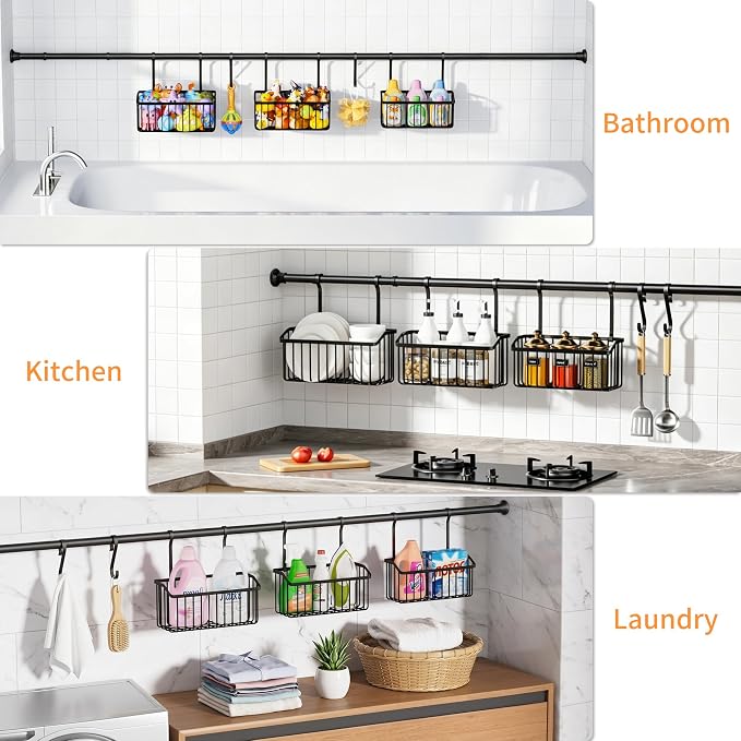 KEGII Over-the-Tub Bath Toy Storage, Adjustable 61-82.67 Inch Bathtub Toy Organizer Holder with 3 Baskets and Hooks, Large Capacity Kids Bath Toy Storage Rack for Easy Sorting and Drainage, Black