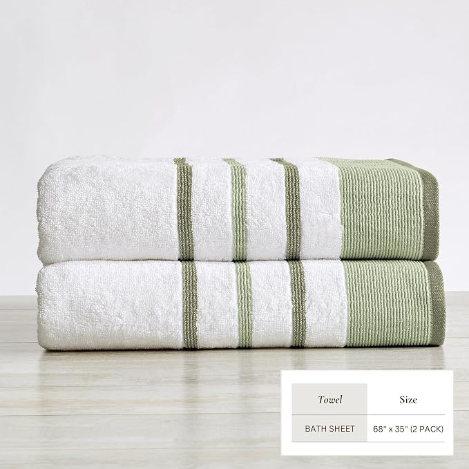 Great Bay Home Decorative Oversized Bath Sheet Set - Cotton 2 Pack 68x35 Extra Large Towels - Durable Towels for Bathroom Decor (Desert Sage Green/Moss Green)