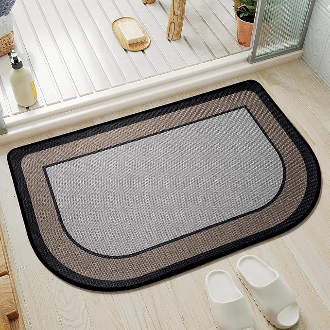 YDKGL Half Circle Bath Mat, Thin Bathroom Rugs Fit Under Door Quick Dry Non Slip Washable Bathroom Mat with Rubber Backing, Absorbent Woven Half Round Shower Mat Rug,Gray Gray Brown