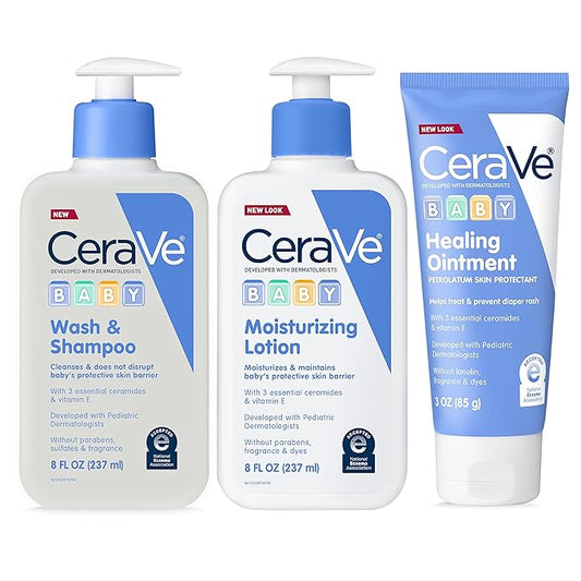 CeraVe Baby Bath Set, 8oz Wash & Shampoo + 8oz Moisturizing Lotion + 3oz Healing Ointment, Fragrance, Parabens, Phthalates, & Tear Free Baby Bath Essentials