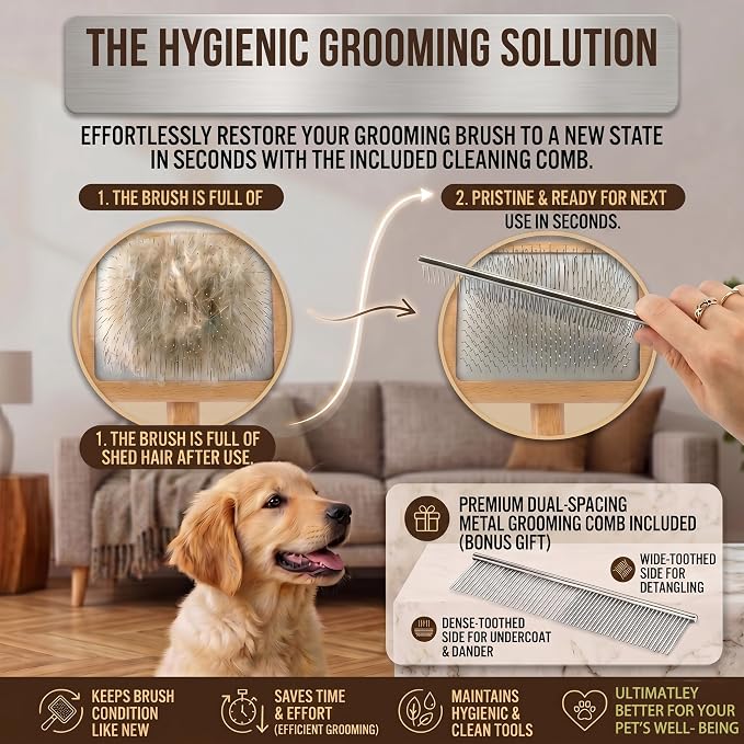 Wooden Long Pin Slicker Brush for Dogs, Doodles, Poodles, Long Hair | Grooming, Detangling, and Fluffing for Wavy and Curly Hair—Designed for Heavy, Thick Coats to Prevent Matting at Home