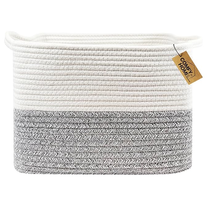 COMFY-HOMI Square Woven Cotton Rope Basket for Organizing, Gift Baskets for Handles, Empty Gift Baskets, Toy Basket for bins|13.5" x 11" x 9.5" home decor for Living Room, Bathroom