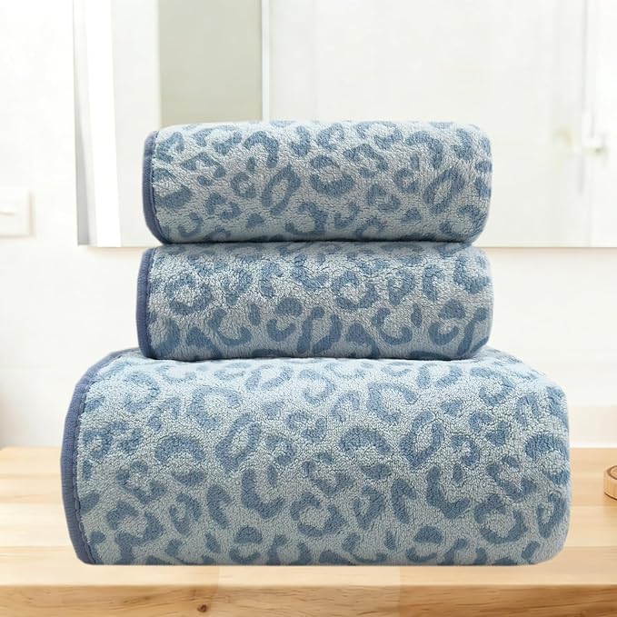 USTIDE Light Blue Leopard Print Towels Set Ultra Soft Microfiber Absorbent Cute Animal Pattern Bath Towel Bundle Quick Dry Towels for Bathroom Spa Gym Pool (2hand Towels+1bath Towel)