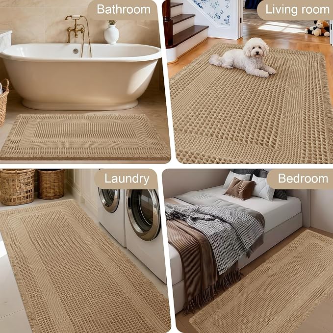 Upgraded Waffle Bath Mat, 32"x20" Beige-Looped, Super Absorbent Non-Slip Quick Dry Bathroom Rugs with Tassels, Machine Washable Ultra Soft Boho Bath Rugs for Floor, Toilet Mats Boho Farmhouse Decor