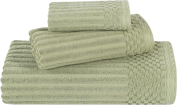 Superior 3 Piece Cotton Towel Set, Includes 1 Bath Towel, 1 Hand Towel, 1 Face Towel/Washcloth, Daily Use for Bathroom, Guest Bath, Quick Dry, Ribbed, Absorbent, Essentials, Soho Collection, Sage