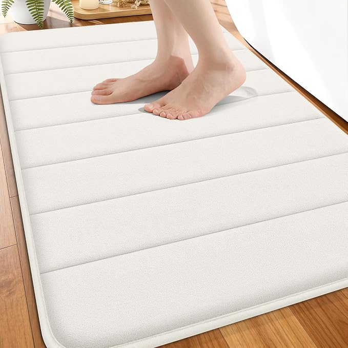 OLANLY Memory Foam Bath Mat 32x20, Super Soft Absorbent Bathroom Rugs, Quick Dry, Machine Washable Shower Floor Rugs, Bathmat Carpet, Bathroom Home Decor Accessories, Ivory