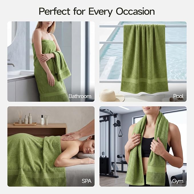 ecolook 2 Pack 100% Cotton Bath Towels, 28 x 55 Inches, Soft | Lightweight, Highly Absorbent & Quick Dry Body Towels for Bathroom, Shower, Gym & Daily Use, Green