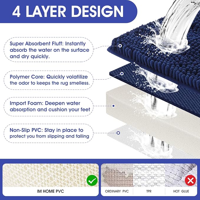 ACCUMTEK Striped Navy Blue Bathroom Rug Mat 59"x24" Ultra Soft, Non Slip Chenille Bath Rugs, Absorbent Plush Shaggy Bath Mats for Bathroom, Bedroom, Kitchen, Shower, Tub