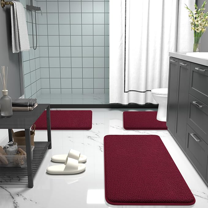 OLANLY Thick Memory Foam Small Bathroom Rugs 24x16, Extra Soft Absorbent Bath Rug, Quick Dry Bath Mats, Non-Slip, Machine Washable Carpet for Bathroom, Tub and Shower, Home Decor Accessories, Burgundy