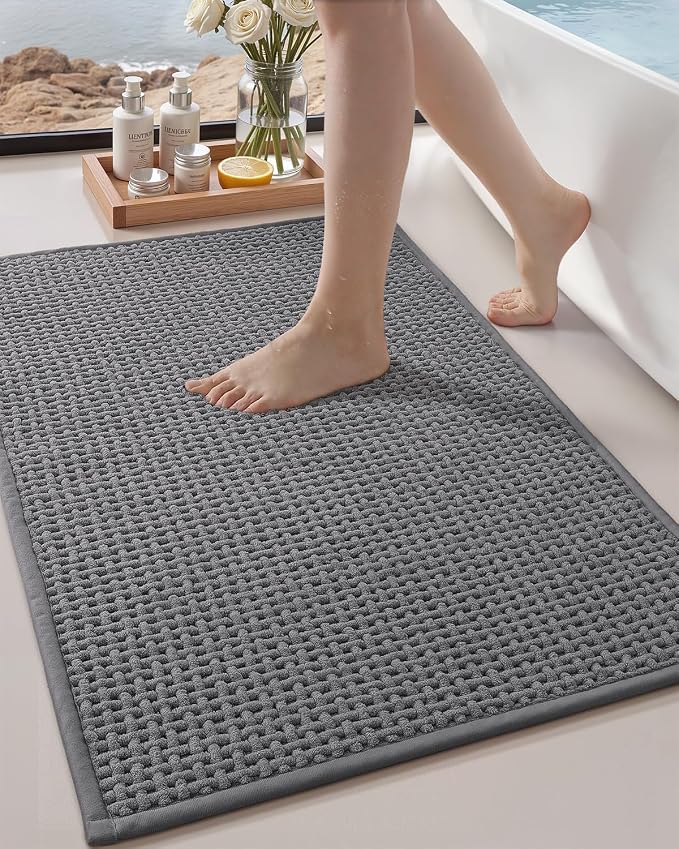 Color&Geometry Rubber Backed Waffle Bath Mat 24x16, Non Slip Water Washable Bathroom Rugs, Soft Absorbent Chenille Boho Carpet for Bathroom Floor, Tub and Shower, Grey