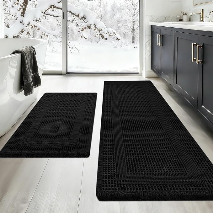Upgraded Waffle Bath Mat Set 2 Piece Black-Looped, Super Absorbent Non-Slip Quick Dry Bathroom Rugs with Tassels, Machine Washable Ultra Soft Boho Bath Rugs for Floor, Toilet Mats Boho Farmhouse Decor