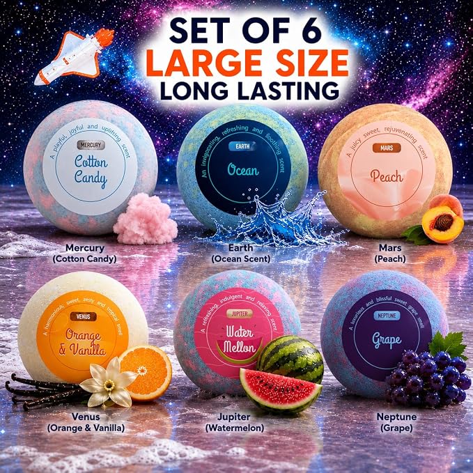 EvolutionUSA 6 Space Bath Bombs for Boys & Girls - Planet Bath Bombs Toy Inside, Organic Childrens Bathbomb Set, Cosmic Bath Fizzers, Kid Bath Bomb Gift for Valentines, Birthday, Christmas, Easter