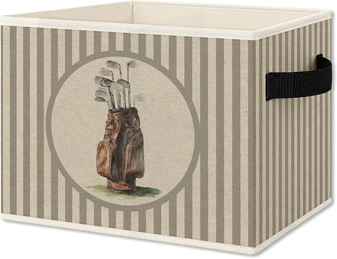 Vintage Golf Storage Bins Box with Handles, Golfing Sports Decor for Boys, Sage Striped Classic Golf Bag Aesthetic Collapsible Organizer Basket for Nursery Room Bedroom Playroom Toys Books