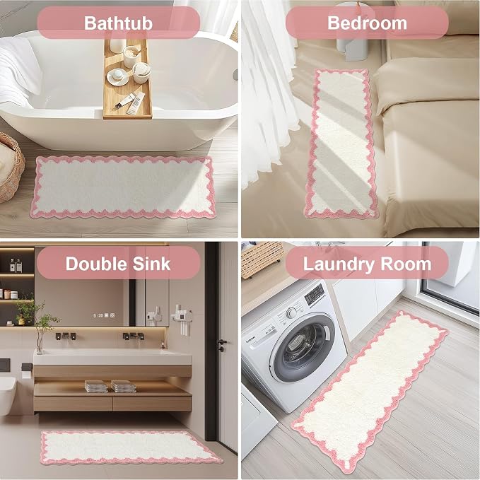 ORTIGIA Long Cute Scalloped Bathroom Rugs Runner, Fun White and Pink Plush Microfiber Scallop Bath Mats Non Slip Washable Quick Dry Absorbent, Rug Carpet for Bathtub Sink Laundry Room Bedroom, 17x47