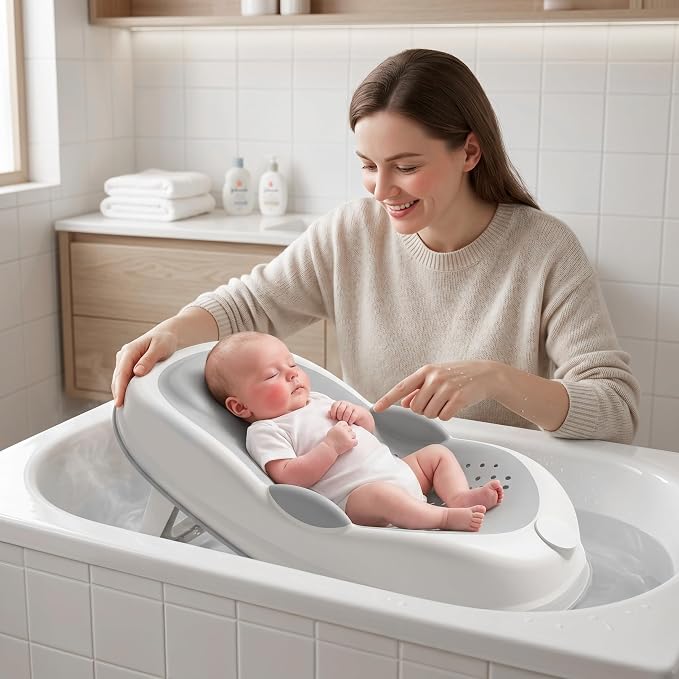 Baby Bath Support, Non Slip Infant Bathtub Seat with Soft Spine Support and Foldable Feet, Gray