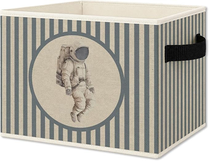 Space Nursery Foldable Storage Bins Box with Handles, Blue Striped Space Astronaut Toddler Boy Collapsible Organizer Basket for Boys Kids Bedroom Bathroom Playroom Clothes Books