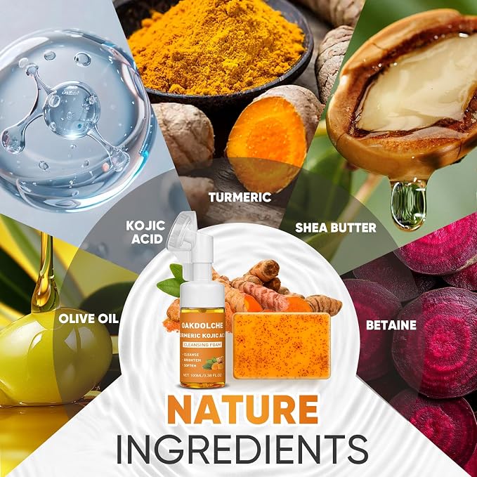 3Pcs Turmeric Wash Set-Turmeric Face Wash with Brush, 3 Turmeric Kojic Acid Soap Bars, 3 Foaming Nets, Deep Cleansing for Face & Body Cleanser