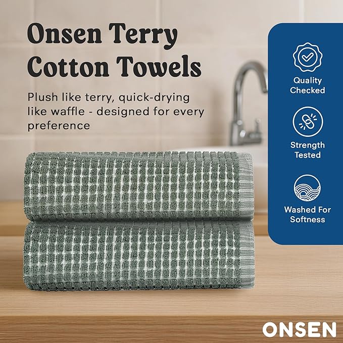 ONSEN Sculpted Terry Hand Towels, 100% American Cotton, Quick Dry Lint Free, Lightweight Absorbent Hand Towel Set with Hanging Loop, 20x30 in (Spruce, 2X Hand Towel)