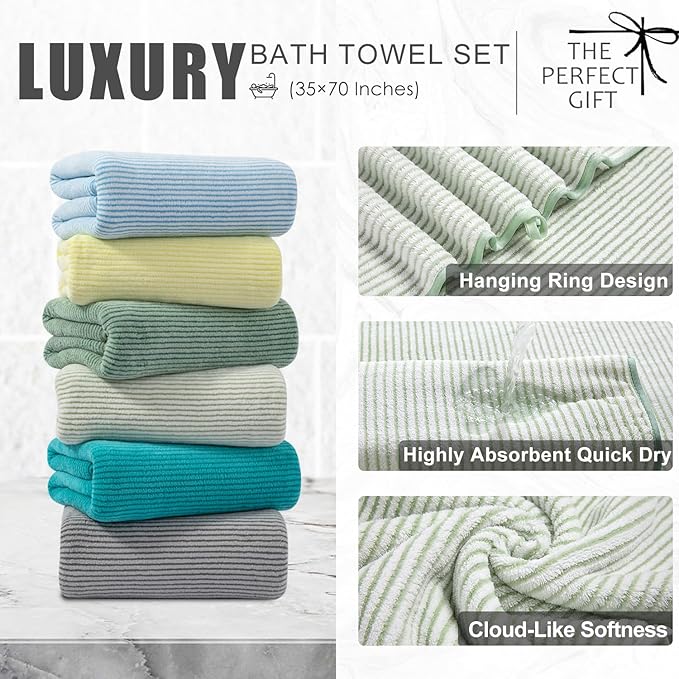 8-Piece Premium Towel Set for Bathroom|2 Oversized Large Bath Sheet,2 Hand Towels,4 Washcloths|Soft Cozy Highly Absorbent Fast Dry Microfiber Shower Towel Set for Hotel Bathroom Essentials,Green White