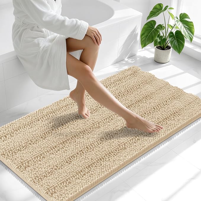 Smiry Thick Chenille Bathroom Runner Rugs 47x24, Extra Absorbent Striped Bath Mat, Machine Washable, Rubber Backing, Long Bath Rugs for Tub & Shower, Modern Home Decor Accessories, Beige