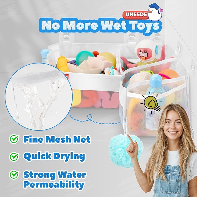 UNEEDE Bath Toy Storage - 3 Compartment Corner Bath Toy Storage Organizer, 4 Gallons Quick-Drying Bath Toy Holder, Machine-Washable Bathtub Toy Storage for Classify Toys & Bath Supplies