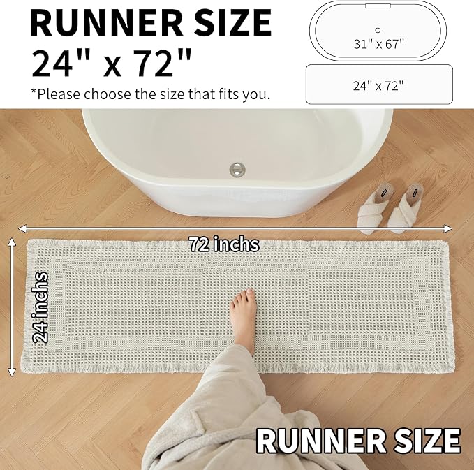 Waffle Bath Mat - Super Water Absorbing Bath Mat Quick Dry, Bathroom Rugs Non Slip Washable with Tassels, Rubber Backed Bathroom Mat for Bathroom Floor, Tub and Shower, 24" x 72", Off-White