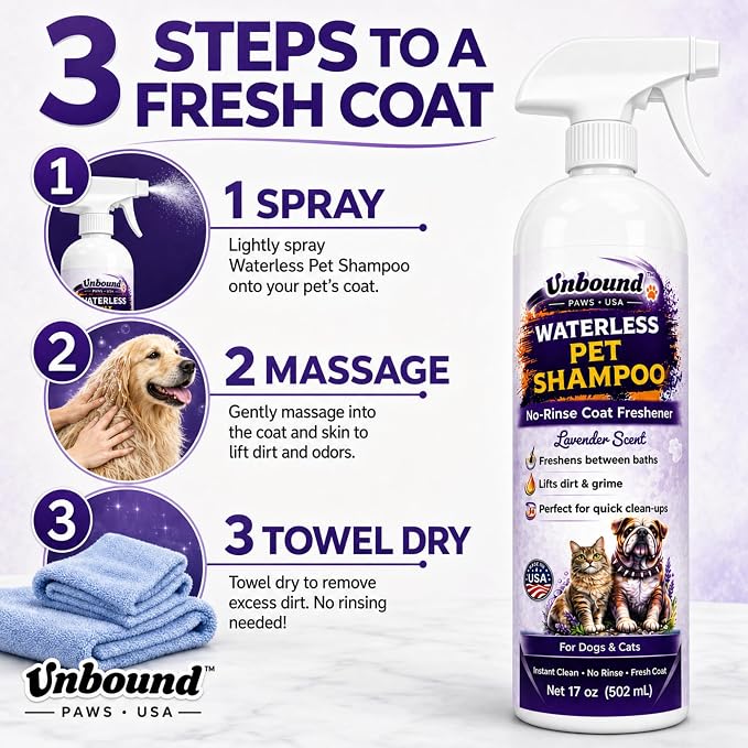 Waterless Pet Shampoo for Dogs & Cats - Lavender Scent No-Rinse Foam - Easy Grooming & Deodorizing - 17 oz