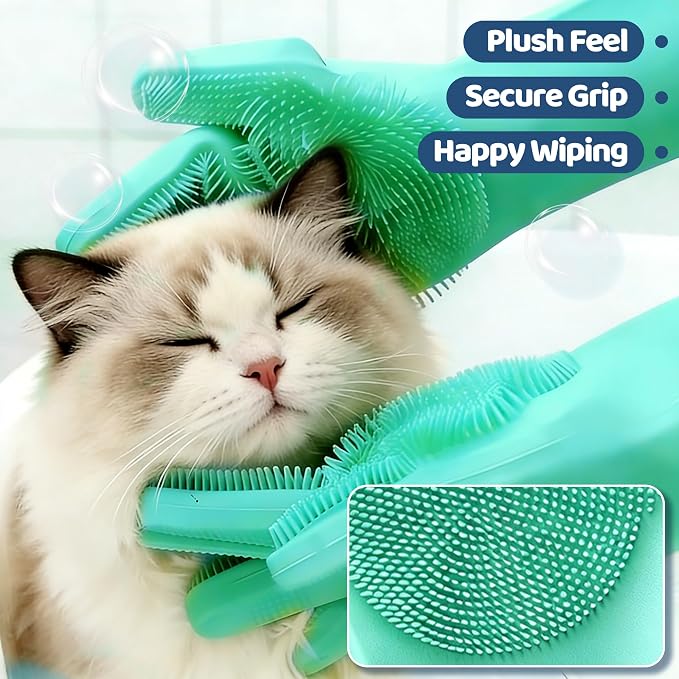 2Pcs Waterless No-Rinse Pet Shampoo Essence for Dogs & Cats with Green Grooming Gloves | Pomegranate Scent for Skin & Coat Care | Includes 5-Finger Bathing & Massage Gloves for Dogs/Cats